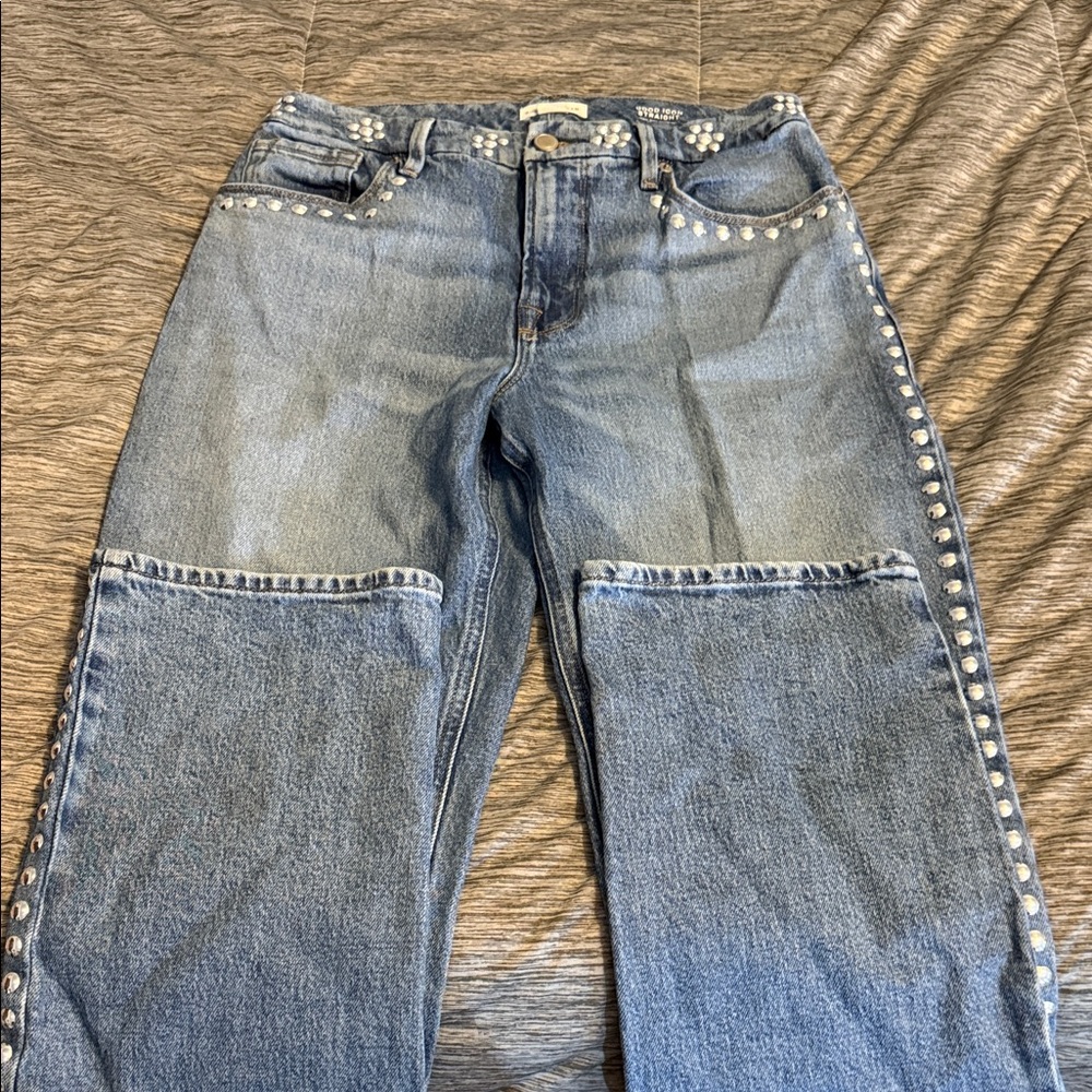 Good American Light Blue Studded Straight Leg Jeans